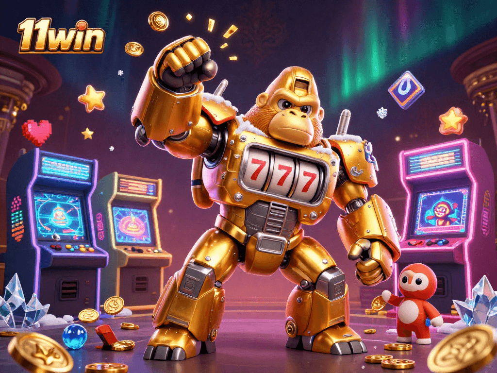 Join the excitement at 11win with a dynamic scene showcasing the golden gorilla mech and colorful gaming elements.