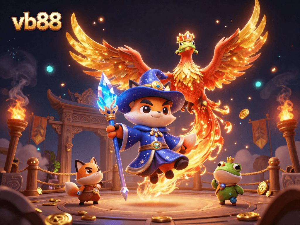 Experience the thrill of vb88 with magical characters in a vibrant casino scene filled with golden sparkles.