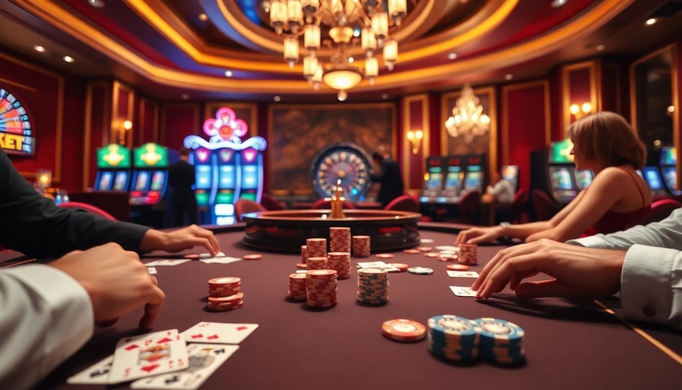 Experience the thrill of poker with CM88 poker chips and cards in a vibrant casino atmosphere.