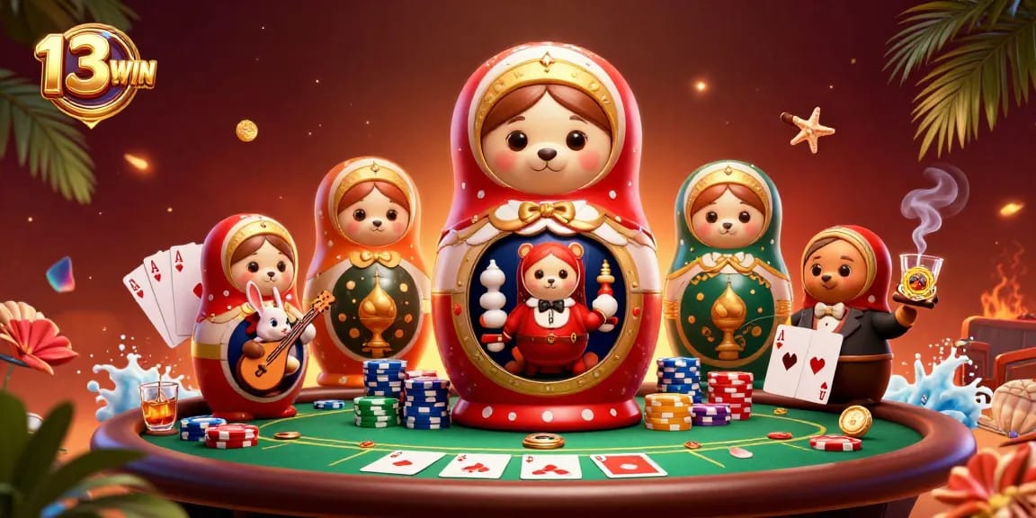 Engage with 13WIN's vibrant casino world showcasing Matryoshka bears and dynamic gaming elements.