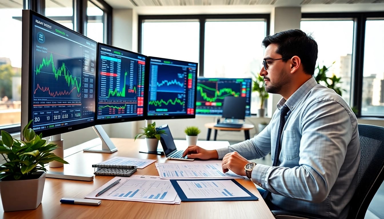 Qualitätsaktien analysieren in einem modernen Büro mit Finanzdokumenten und Chart-Diagrammen.