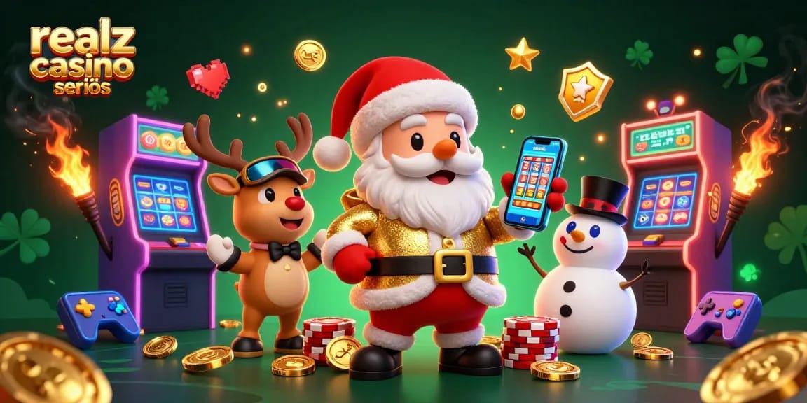 Gioca a realz casino seriös con un'illustrazione 3D che mostra un Babbo Natale in un casinò con i suoi compagni.