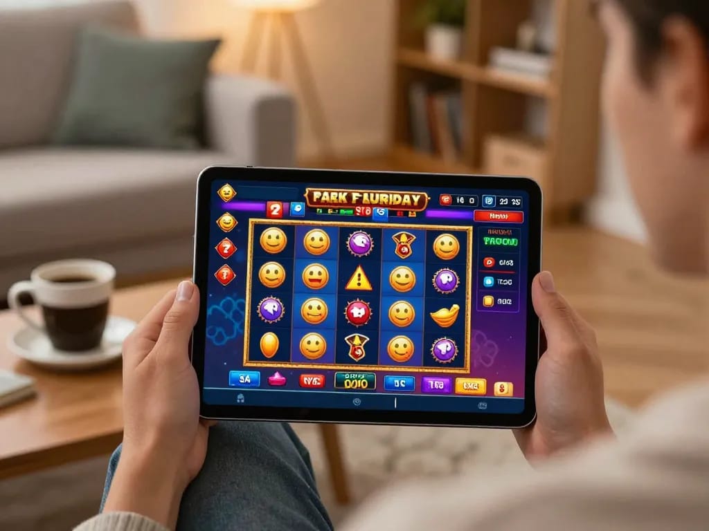 Player engaging with QQ88COM online slots on a tablet in a cozy home setting