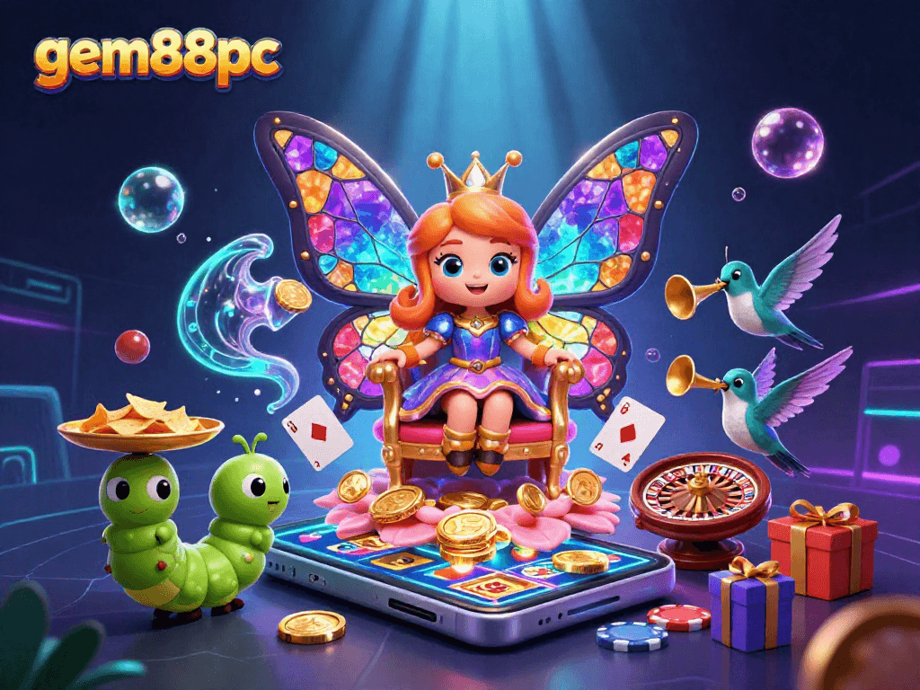 Experience the dynamic world of gem88pc, where a butterfly queen oversees thrilling casino adventures filled with games and excitement.