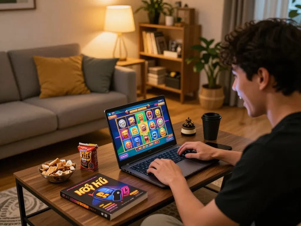 Nổ hũ gaming on laptop in cozy living room with snacks and strategy book in view