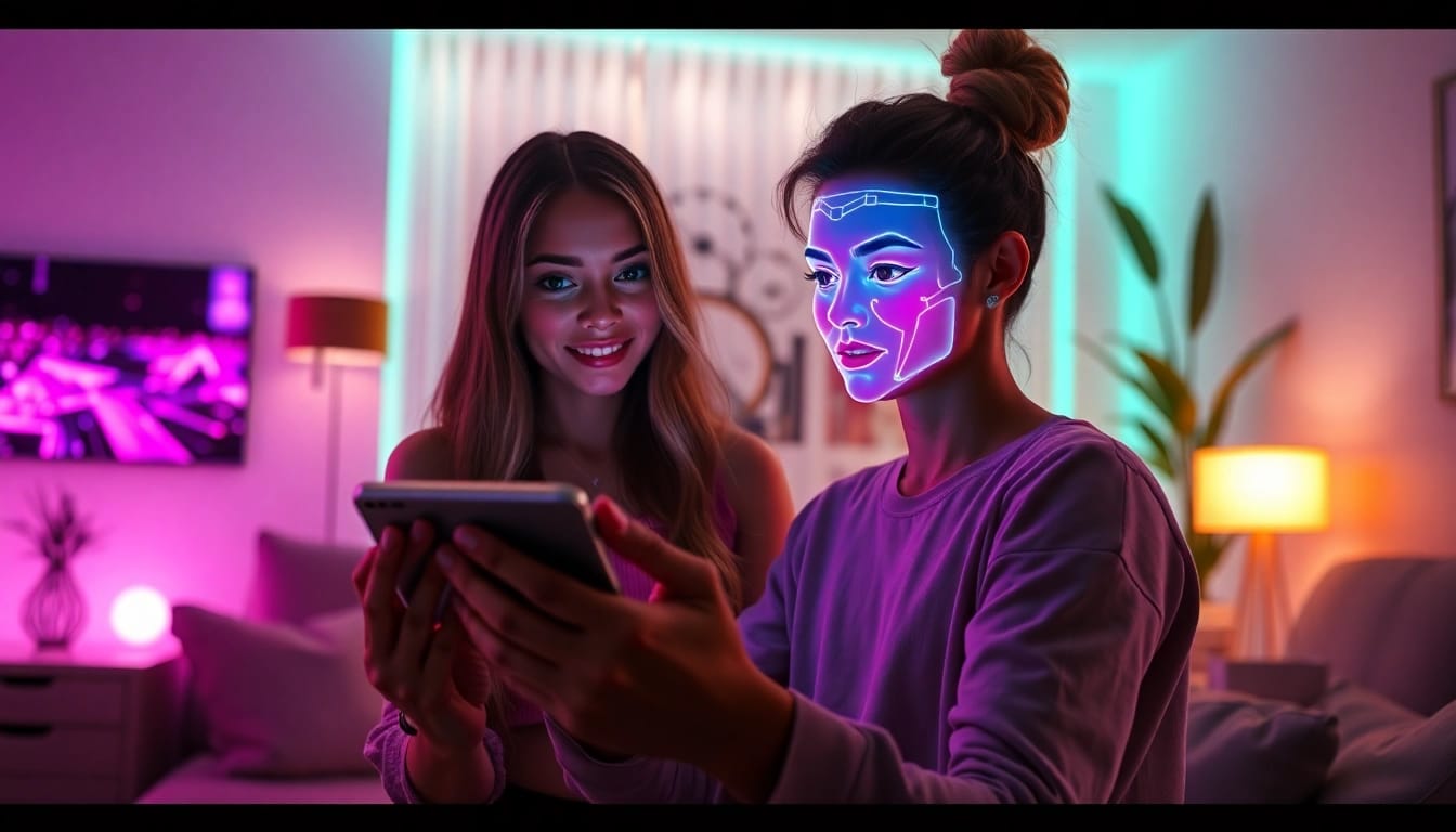 Engaging porn ai chat session with a vibrant AI character in a modern living space.