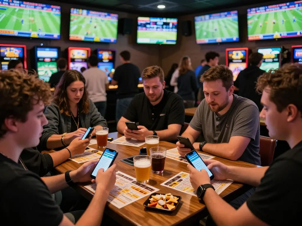Tỷ lệ kèo nhà cái hôm nay displayed on screens in sports betting bar with engaged bettors