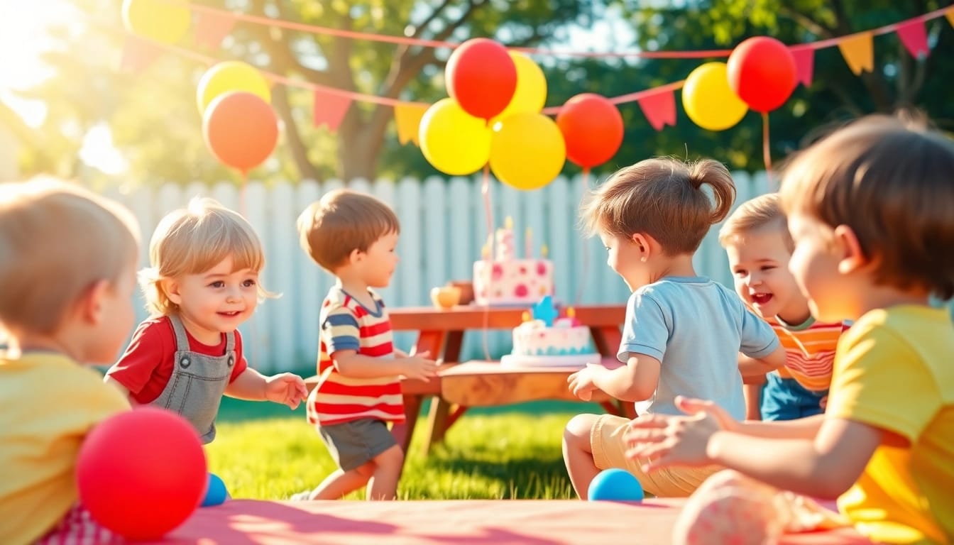 Kreative Spielideen für Kindergeburtstag 4 Jahre mit bunten Dekorationen und fröhlichen Kindern.