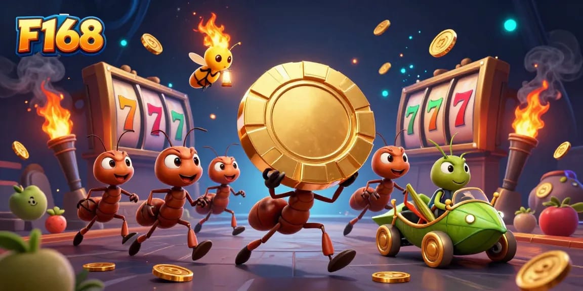 Experience thrilling heist action as the F168 ant team navigates a colorful jackpot casino world, showcasing excitement and adventure.