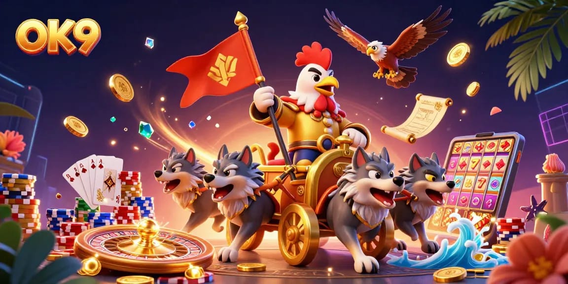 Engage with the thrilling OK9 casino adventure featuring a rooster warlord, wolves, and vibrant game elements.