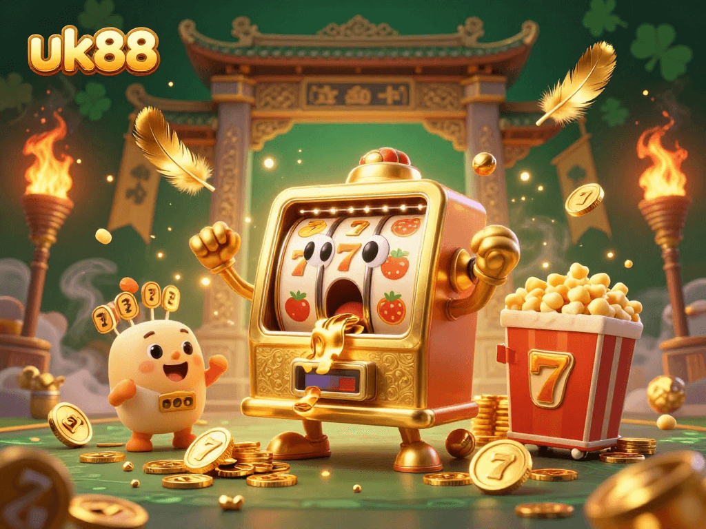 Experience thrilling jackpots with uk88, as golden slot machines pour coins in a vibrant casino scene.