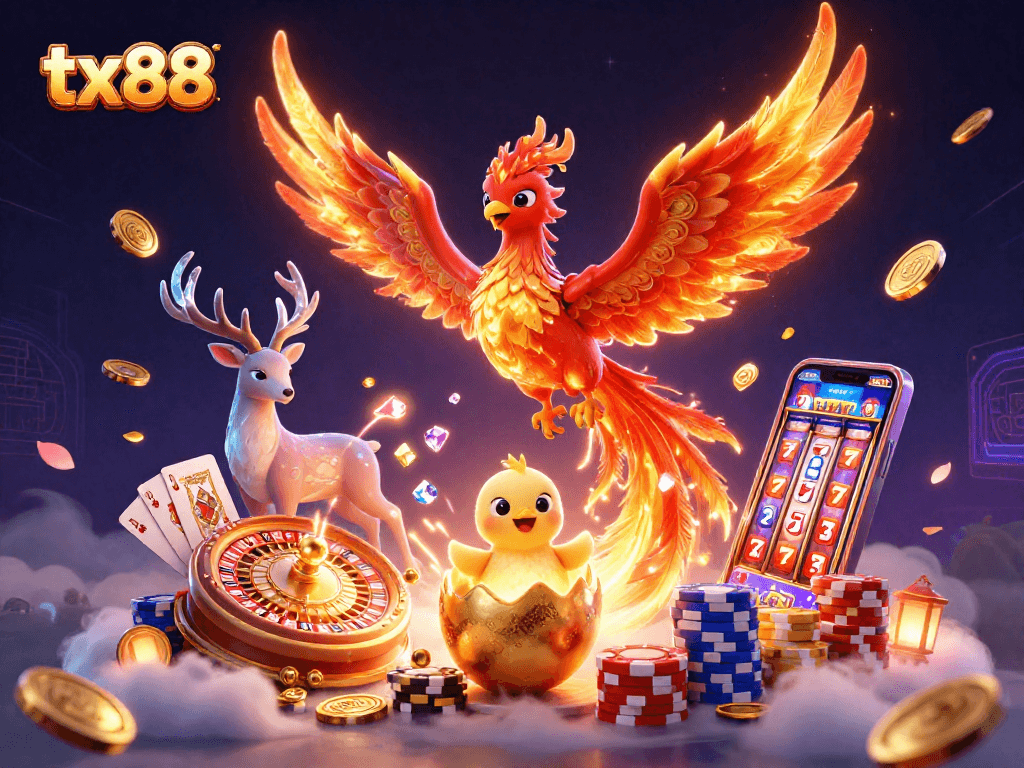 tx88's vibrant casino scene featuring phoenix, poker elements, and lucky symbols in 3D