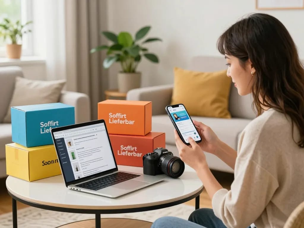 Sofort lieferbare Produkte in einem hellen Wohnzimmer mit einem Käufer, der ein Smartphone benutzt.