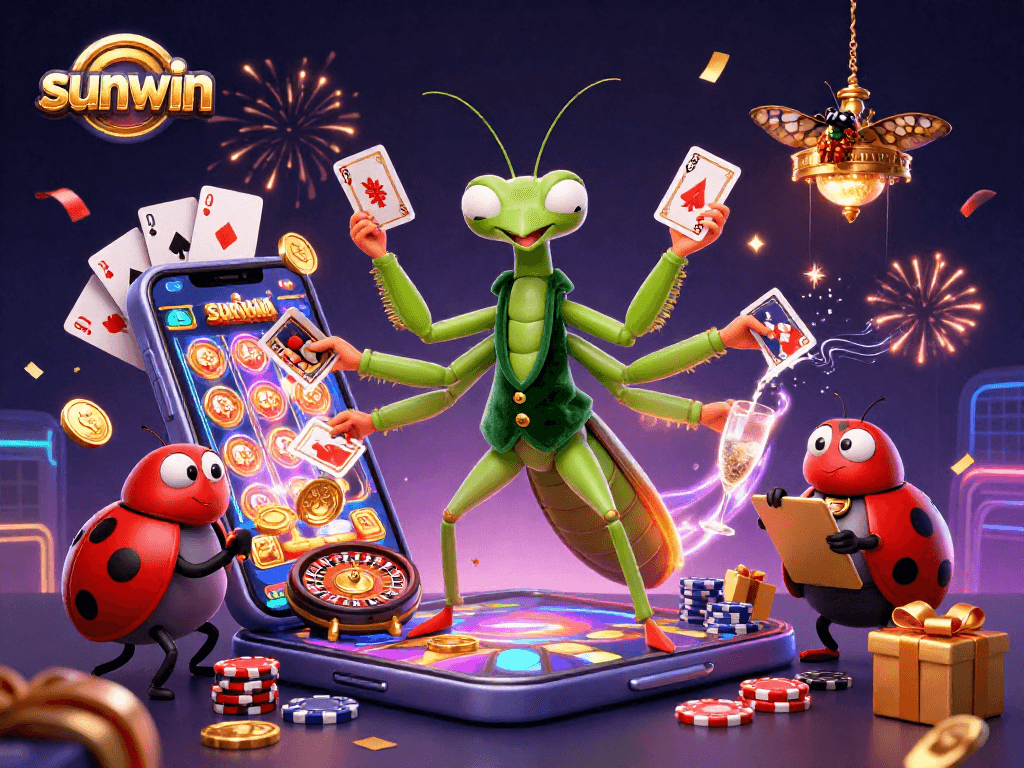 Experience thrilling gameplay at Sunwin with a vibrant 3D cartoon casino illustration featuring exciting card games and slot machines.