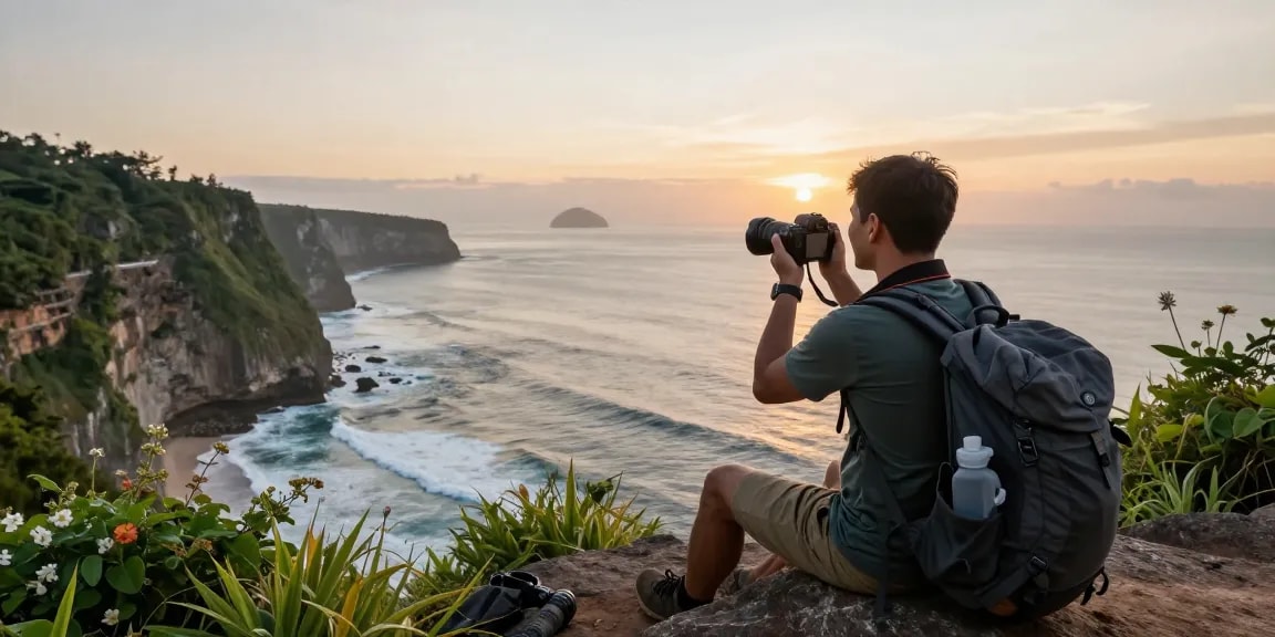 Captivating coastal viewpoint scene highlighting 'rokok88 alternatif' travel adventures with a hiker enjoying the sunrise.