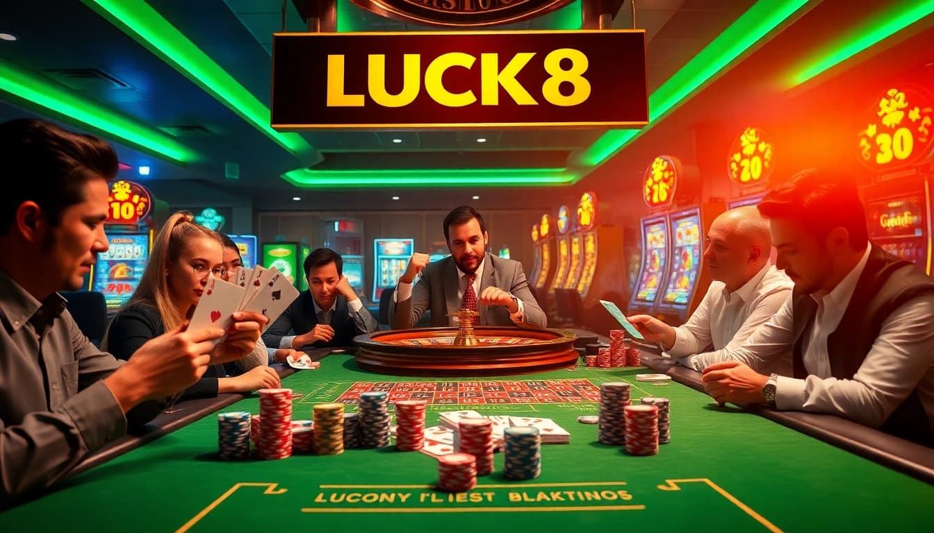 Trải nghiệm cảm giác chiến thắng tại LUCK8 với bàn casino sinh động, bộ bài và vòng quay roulette.