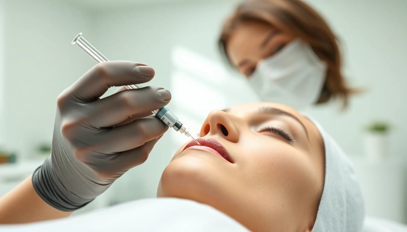 Erfahrene Behandlung mit mesotherapie gesicht zur Hautverjüngung. Sanfte Handgriffe eines Dermatologen.