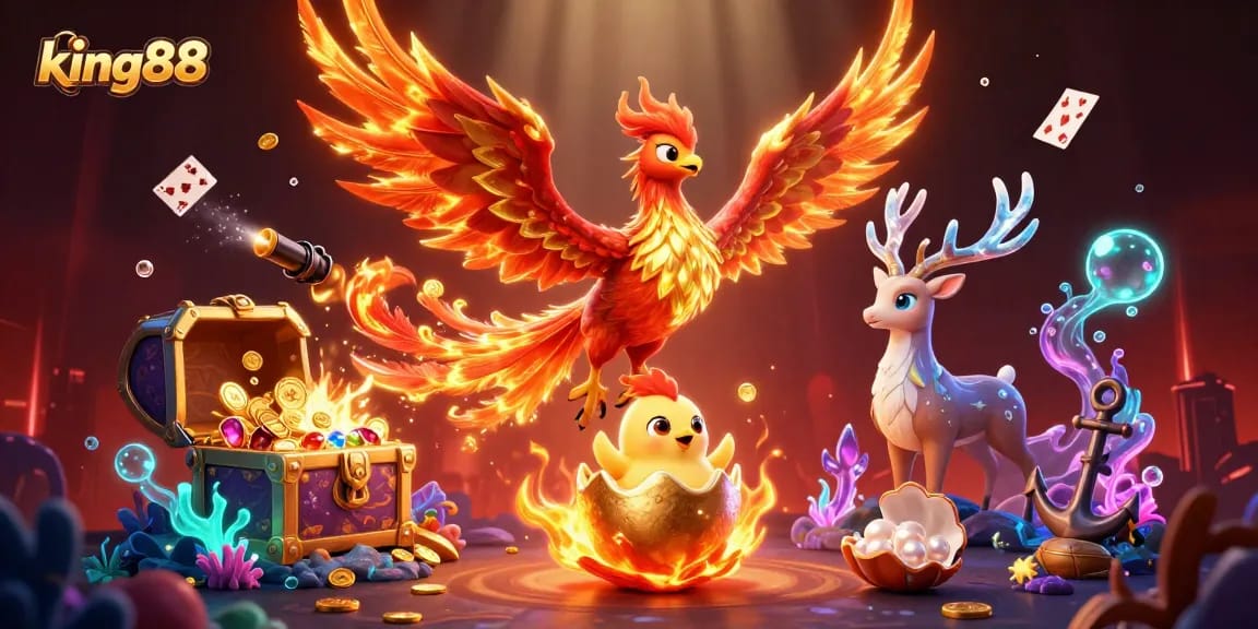 Experience king88's vibrant gaming scene with phoenix and mystical stag amidst treasure and bubbles.