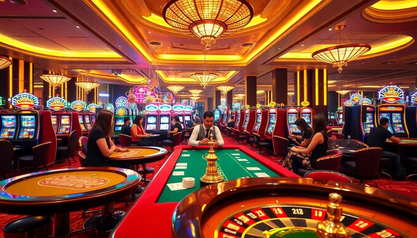 Catching the thrill of gambling at https://m88zo.com/ with vibrant casino tables, players, and slot machines.