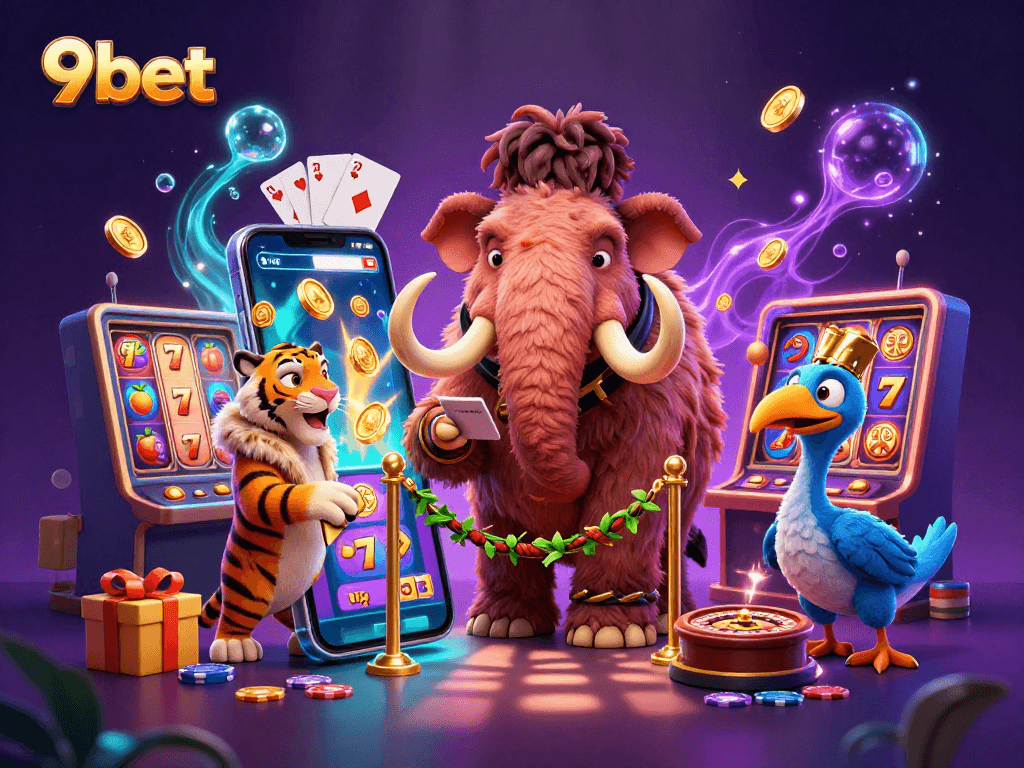 Experience the thrill of 9bet's casino world as cartoon characters interact with vibrant slot game visuals in a dynamic scene.