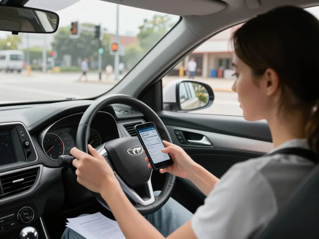 Darf man mit Cannabis Rezept Auto fahren? Medizinischer Cannabis-Nutzer prüft verantwortungsbewusst sein Rezept während der Fahrt in einer städtischen Umgebung.