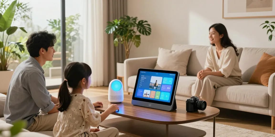 Smart Home Blog showcasing family interacting with smart devices in a modern living room.