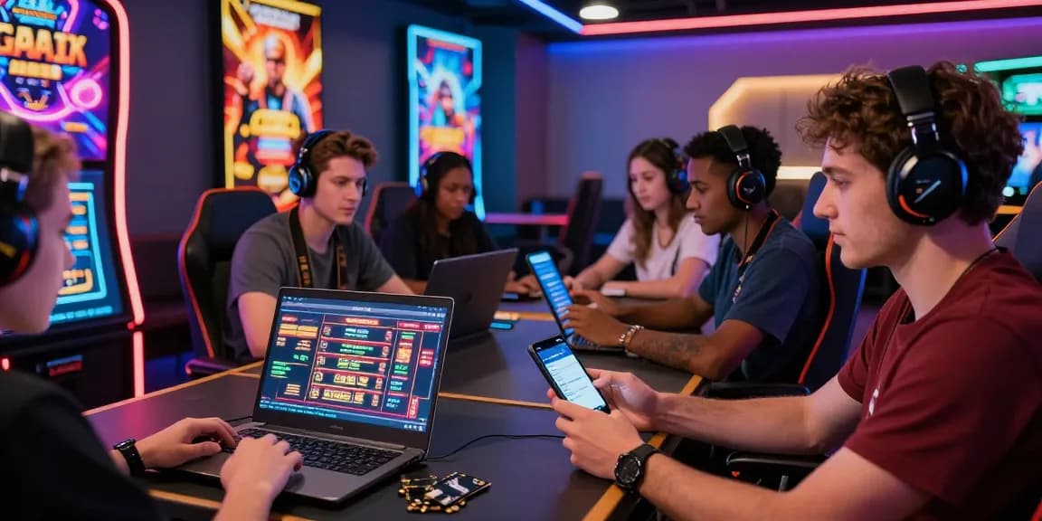 Spieler in einem Paysafe Card Casino, die sich in spannenden Spielen engagieren, zeigen Aufregung und moderne Technologie.