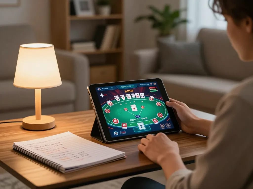 Experience online gaming as bet88vn user strategizes with a tablet in a cozy home setting.
