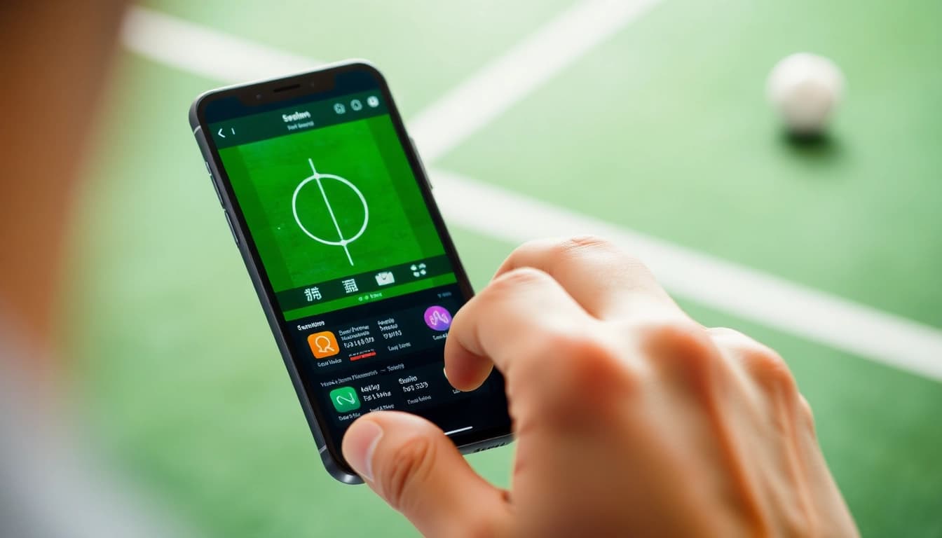 Vergleiche verschiedene Sportwetten Apps auf einem Smartphone mit benutzerfreundlichen Designs und sportlichen Elementen.