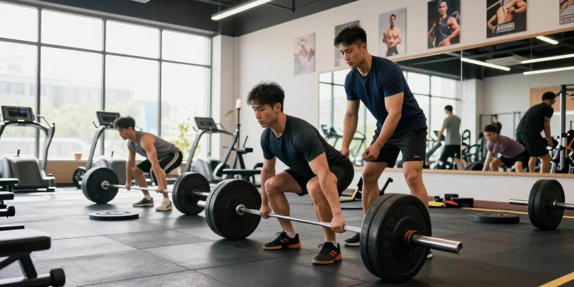 Anabolika Shop - Bodybuilder hebt Gewichte in modernem Fitnessstudio mit Coach und motivierender Atmosphäre.