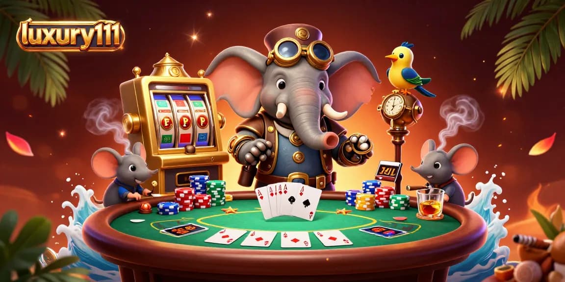 Experience luxury111 through a dynamic scene showcasing a steampunk elephant operating a golden slot machine.