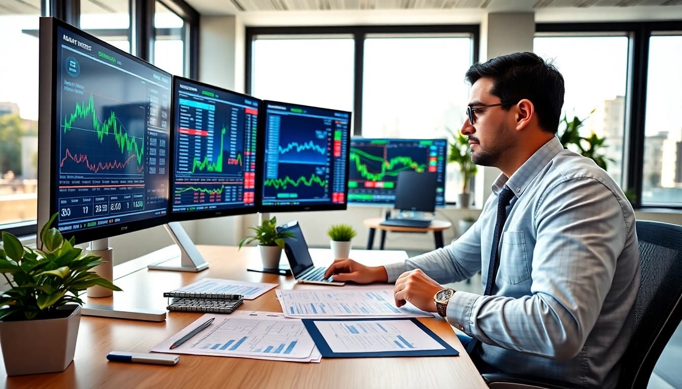 Qualitätsaktien analysieren in einem modernen Büro mit Finanzdokumenten und Chart-Diagrammen.