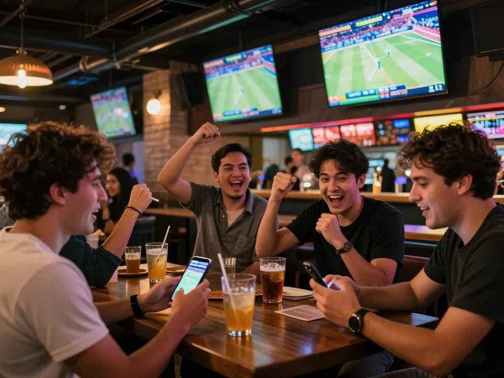 Fans checking kèo nhà cái while enjoying live sports betting at a vibrant sports bar.