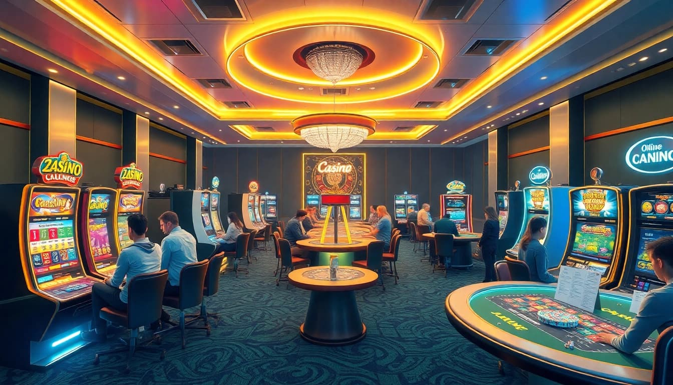 Erleben Sie die aufregende Welt des Online Casino Schweiz mit lebhaften Spielautomaten und fröhlichen Spielern.