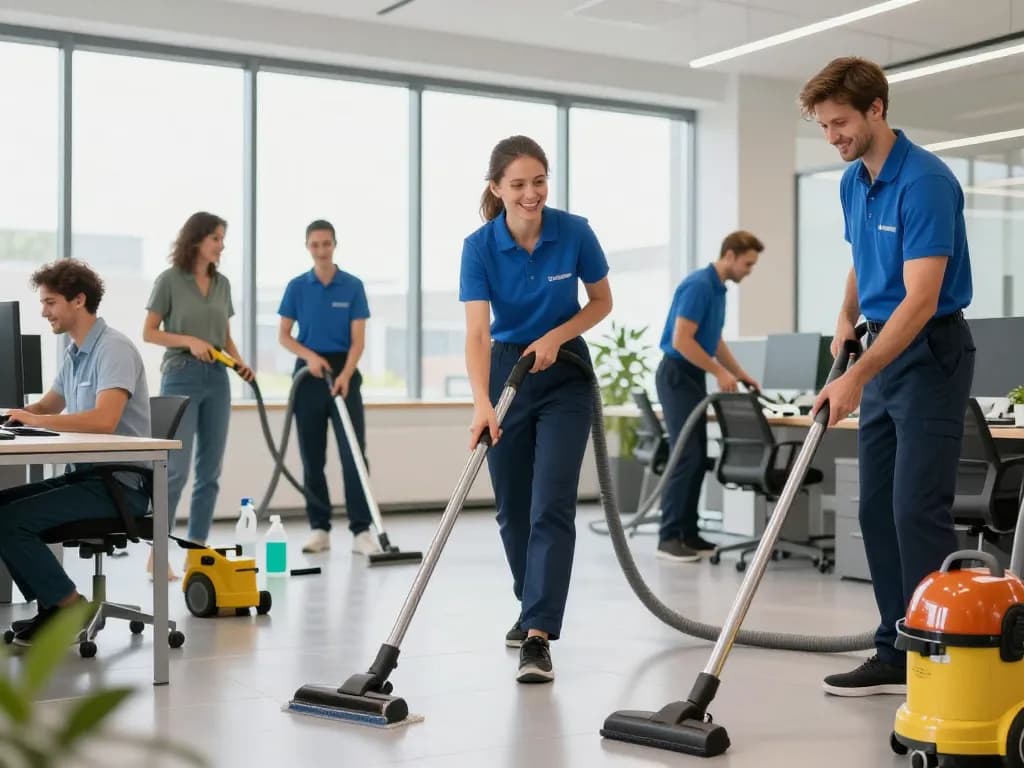 Professionelles Team, das Gebäudereinigung – Münster & Umgebung Dienstleistungen in einem hellen Büro anbietet.