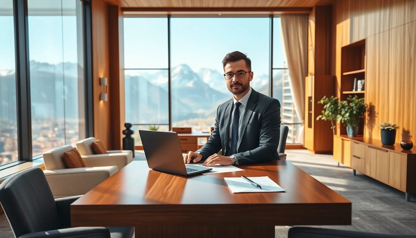 Headhunter Schweiz arbeitet professionell in einem modernen Büro mit Blick auf die Schweizer Berge.