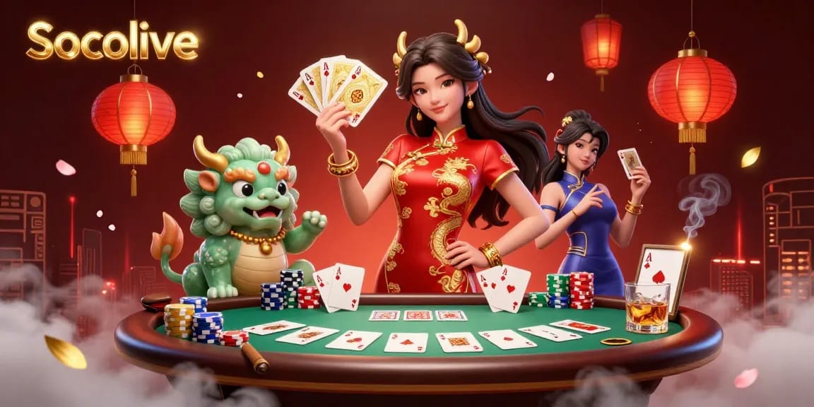 Socolive brings together a vibrant scene of poker excitement with a striking woman in a traditional dress, golden playing cards, and colorful poker elements.