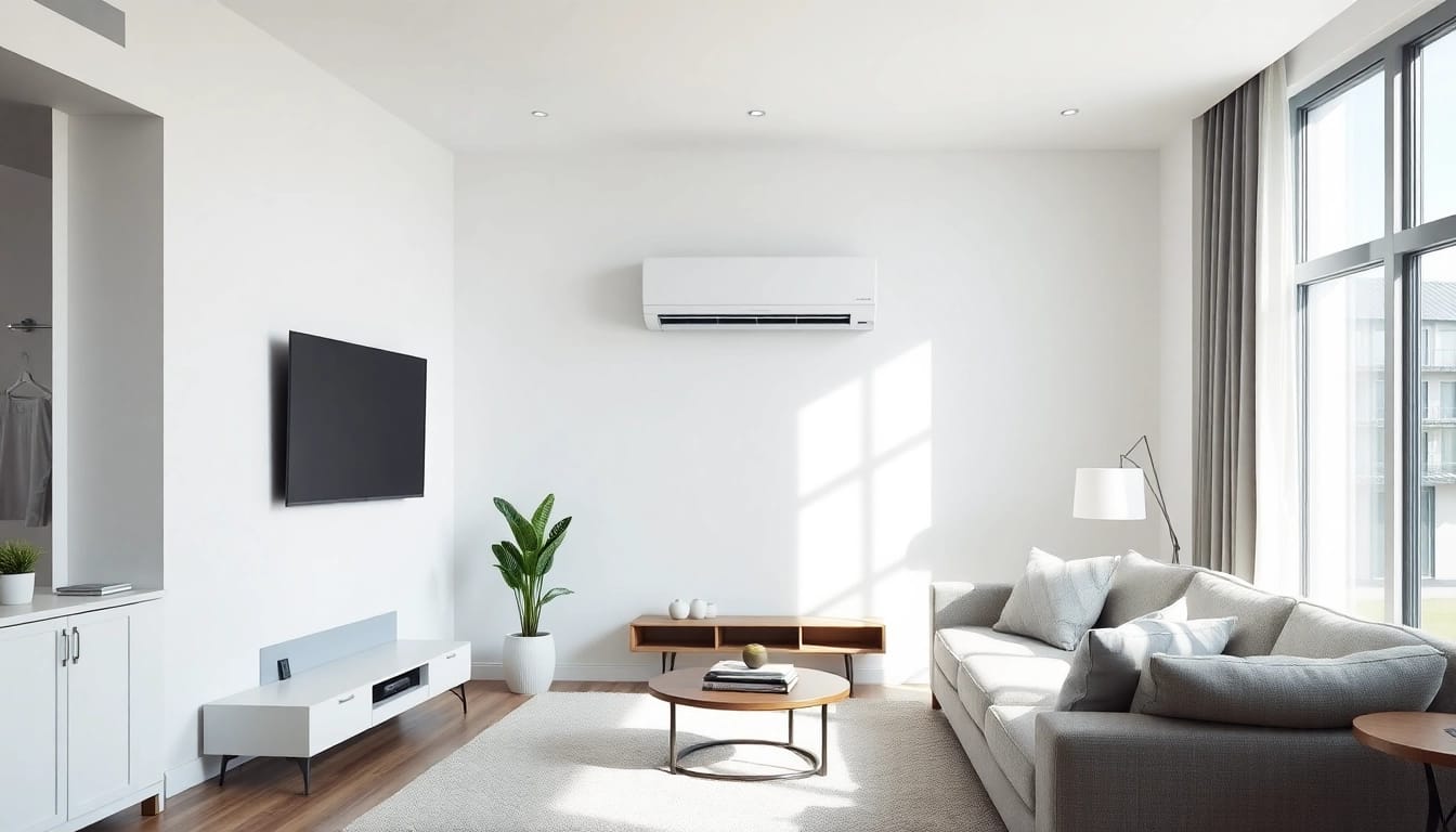 Klimaanlage mounted in a modern living room, enhancing comfort and style with its sleek design.