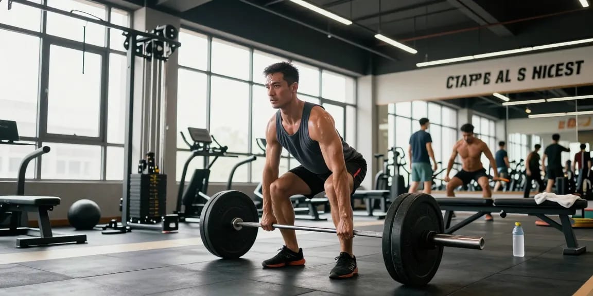 Mann, der in einem hellen Fitnessstudio bei Anabolika Shop Deutschland Gewichte hebt und seine Fitness-Dedikation sowie Energie zeigt.