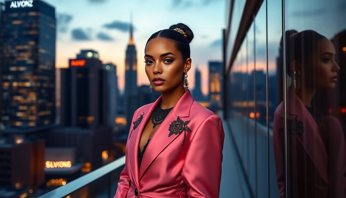 Showcasing Alvionz luxurious fashion, this model radiates elegance in a chic urban setting.