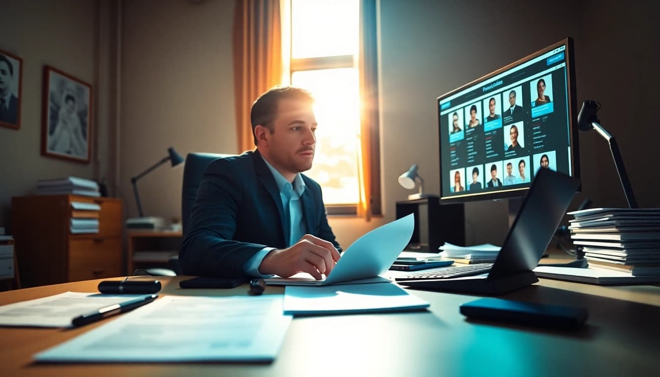 Headhunter IT at a desk reviewing resumes to connect talent with opportunities.