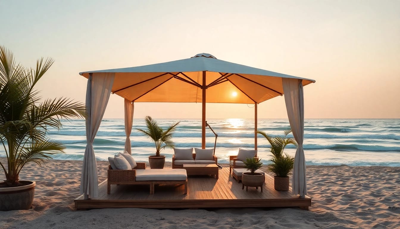 Entspannen Sie im Küsten-Cabana mit Blick auf den Sonnenuntergang am Strand, wo Komfort auf Eleganz trifft.