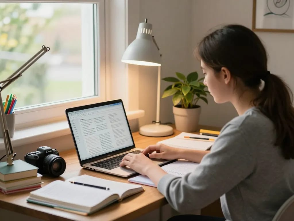 Student, der einen Hausaufgaben Löser online in einer gemütlichen Leseecke mit Lehrbüchern und einem Laptop verwendet.