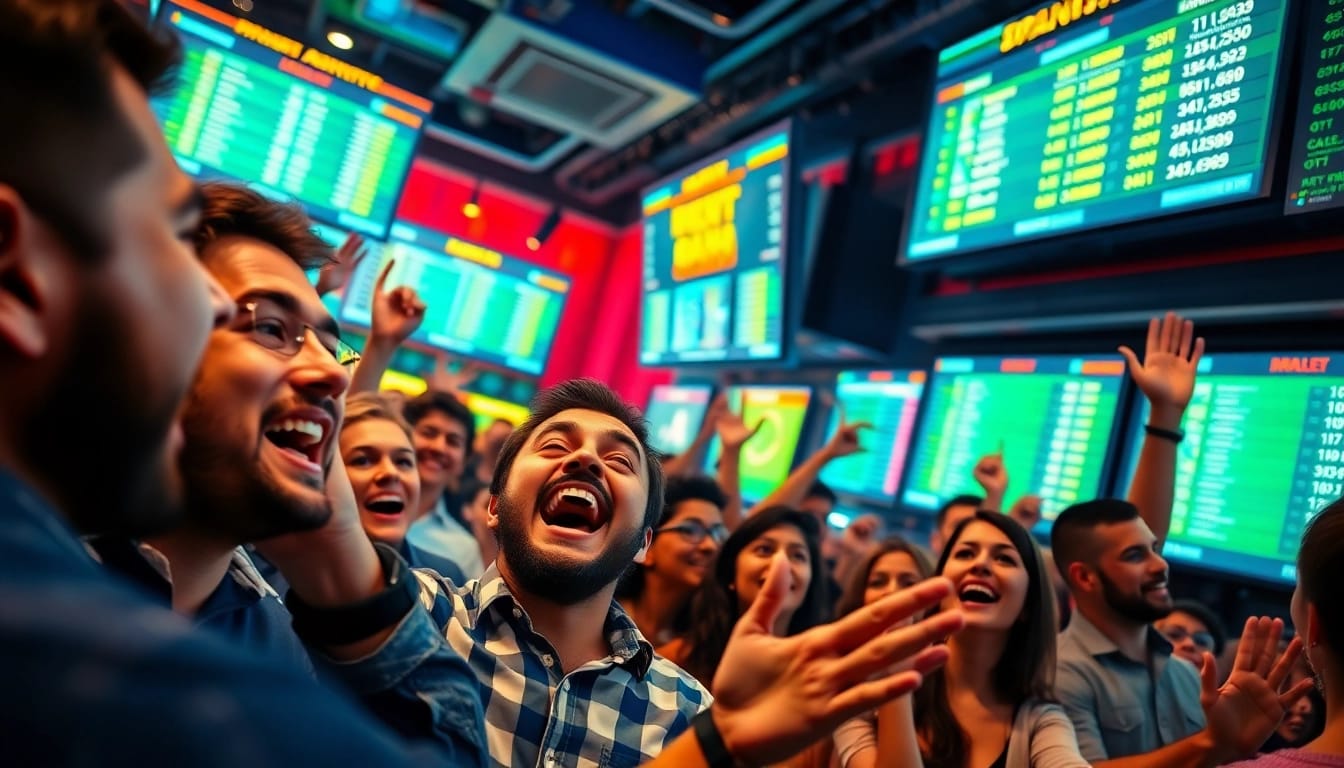 Experience the thrill of 'wettanbieter ohne limit' as passionate bettors celebrate their wins in an exciting venue.