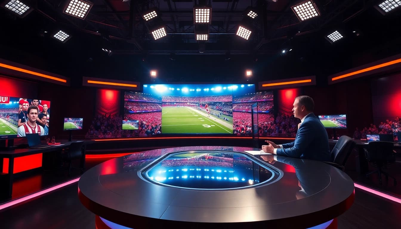 Live announcer delivering Sports Broadcasting insights from a modern studio with vibrant graphics.