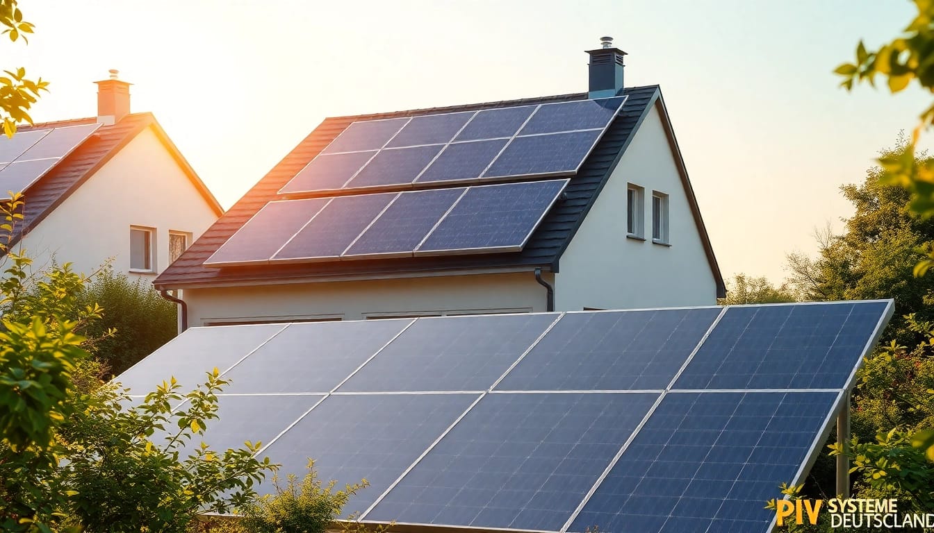 Explore cutting-edge PV-Systeme Deutschland with modern solar panel installations in a vibrant residential setting.