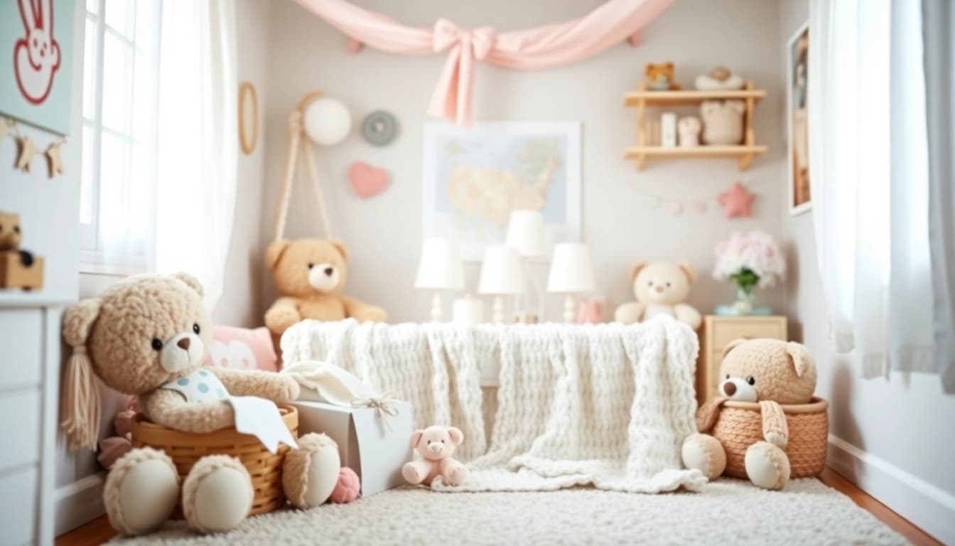 Originelle Geschenkideen zur Geburt in einem liebevoll dekorierten Kinderzimmer.
