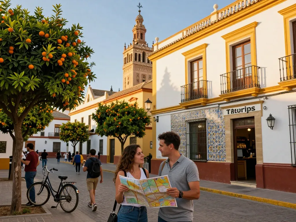 Reisetipps Sevilla lebendige Szene von Reisenden, die das Viertel Santa Cruz mit bunten Gebäuden und Tapas-Bars erkunden.