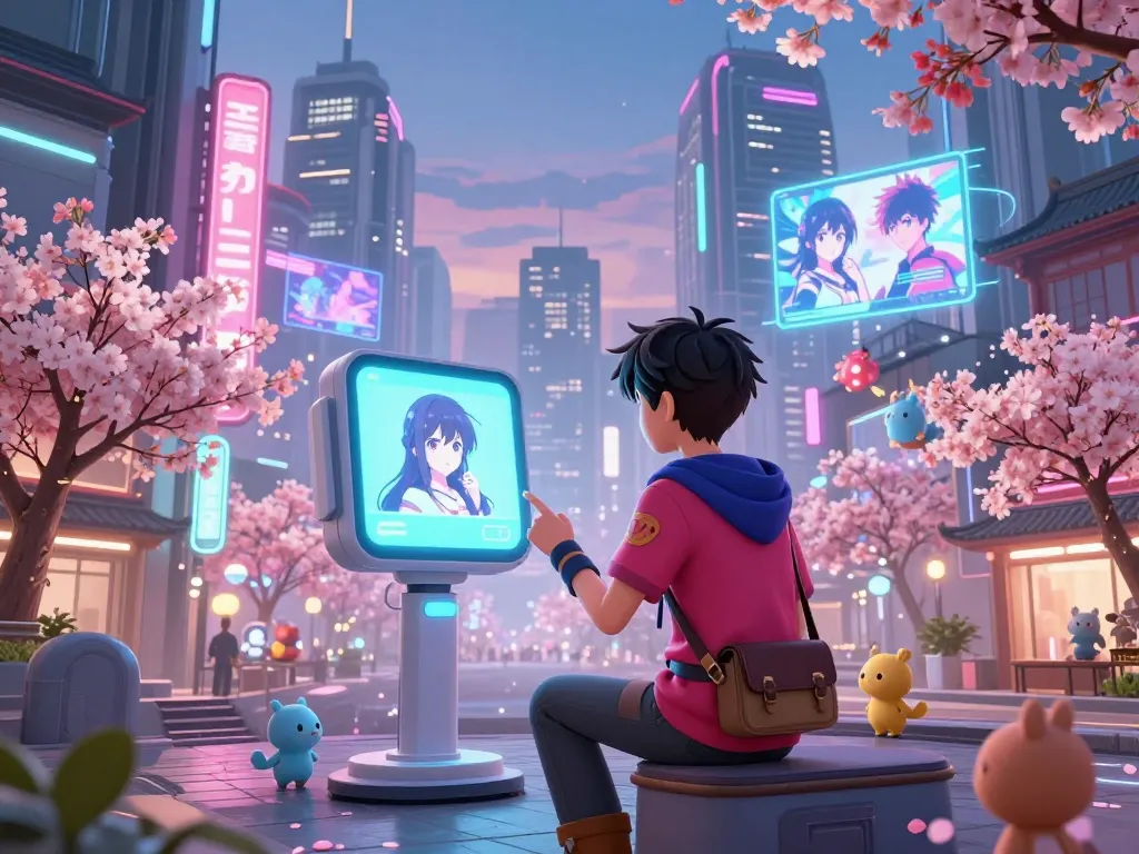 Engaging scene of an animated character conversing in a vibrant anime cityscape, illustrating hentai AI chat.