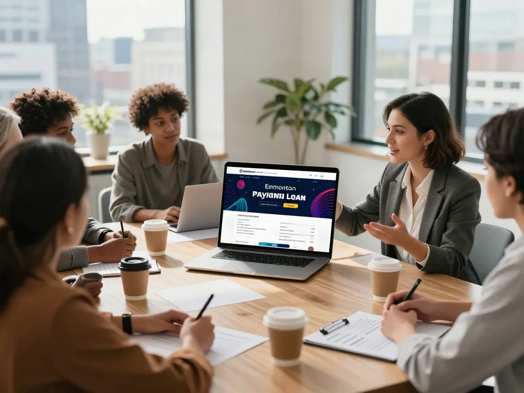 Discussion on payday loans at https://edmonton.paydayloans-on.ca featuring diverse individuals in a modern office